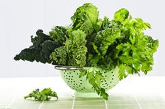 Légumes feuillus vert-foncé dans la passoire Photographie stock libre de droits Légumes feuillus vert-foncé dans la passoire Photographie stock libre de droits