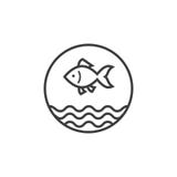 Línea pescado del arte con el icono de las ondas de agua en la llama redonda stock de ilustración Línea pescado del arte con el icono de las ondas de agua en la llama redonda stock de ilustración