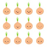 Lök Grönsakmatbegrepp Emoji Emoticonsamling Gullig kawaiistil stock illustrationer Lök Grönsakmatbegrepp Emoji Emoticonsamling Gullig kawaiistil stock illustrationer