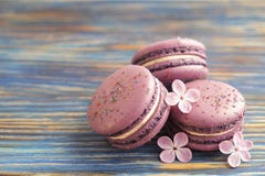 Macaron o coockie francés de los macarrones en el fondo azul marino con las flores púrpuras, colores en colores pastel Endecha pl imágenes de archivo libres de regalías Macaron o coockie francés de los macarrones en el fondo azul marino con las flores púrpuras, colores en colores pastel Endecha pl imágenes de archivo libres de regalías