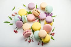 Macarons coloridos com folhas e as flores vermelhas em um fundo branco Sobremesa delicada francesa fotos de stock Macarons coloridos com folhas e as flores vermelhas em um fundo branco Sobremesa delicada francesa fotos de stock