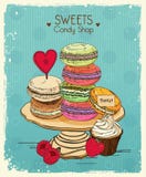 Macaroon Αφίσα με τα παραδοσιακά γαλλικά macaroon κέικ, cupcakes και τα μούρα στο εκλεκτής ποιότητας ύφος κάρτα αναδρομική Στοκ φωτογραφία με δικαίωμα ελεύθερης χρήσης Macaroon Αφίσα με τα παραδοσιακά γαλλικά macaroon κέικ, cupcakes και τα μούρα στο εκλεκτής ποιότητας ύφος κάρτα αναδρομική Στοκ φωτογραφία με δικαίωμα ελεύθερης χρήσης