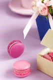 Macaroons в пастельных цветах с букетом розовых роз цветут Стоковые Фотографии RF Macaroons в пастельных цветах с букетом розовых роз цветут Стоковые Фотографии RF