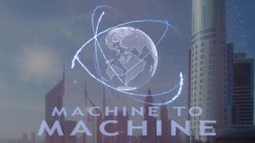Machine to machine text with 3d hologram of the planet Earth against the backdrop of the modern metropolis vector illustration Machine to machine text with 3d hologram of the planet Earth against the backdrop of the modern metropolis vector illustration