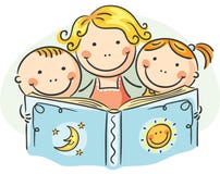 Madre e bambini che leggono insieme illustrazione di stock Madre e bambini che leggono insieme illustrazione di stock