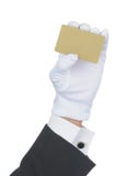 Maggiordomo con la scheda in bianco dell'oro fotografia stock libera da diritti Maggiordomo con la scheda in bianco dell'oro fotografia stock libera da diritti