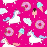 Vector pattern with cute unicorns, clouds, donuts and ice cream. stock illustration Vector pattern with cute unicorns, clouds, donuts and ice cream. stock illustration