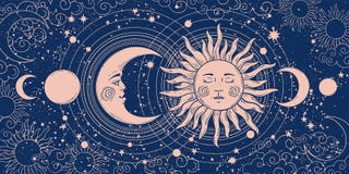 Magic banner for astrology, tarot, boho design. Universe art, crescent moon and sun on a blue background. Esoteric