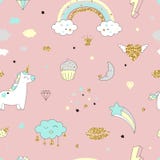 Magic Design Seamless Pattern With Unicorn, Rainbow, Hearts, Clouds Royalty Free Stock Photos Magic Design Seamless Pattern With Unicorn, Rainbow, Hearts, Clouds Royalty Free Stock Photos