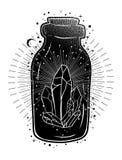 Magic potion: bottle jar with crystals inside. Tattoo art style illustration. Bohemian and gypsy motifs