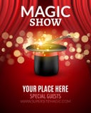 Magic Show poster design template. Magic show flyer design with magic hat and curtains vector illustration Magic Show poster design template. Magic show flyer design with magic hat and curtains vector illustration