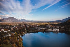 Lake Bled, island in the lake at sunrise in autumn or winter royalty free stock images Lake Bled, island in the lake at sunrise in autumn or winter royalty free stock images