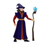 Magicien avec un personnel magique Une image d'un vieux magicien utilisant un chapeau avec une barbe dans un manteau tenant un bâ illustration stock Magicien avec un personnel magique Une image d'un vieux magicien utilisant un chapeau avec une barbe dans un manteau tenant un bâ illustration stock