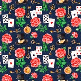 Magisch patroon met mooie rozen, speelkaarten, hoed, oude klok en gouden sleutels royalty-vrije illustratie Magisch patroon met mooie rozen, speelkaarten, hoed, oude klok en gouden sleutels royalty-vrije illustratie