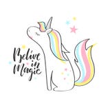 Magische leuke eenhoorn Vector illustratie Geloof in Magisch hand van letters voorziend teken stock illustratie Magische leuke eenhoorn Vector illustratie Geloof in Magisch hand van letters voorziend teken stock illustratie