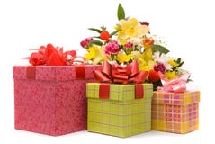 Magnificent Bouquet And Present Boxes Royalty Free Stock Image