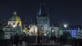 Magnificent Gothic structure called Stare Mesto Tower timelapse on Charles Bridge stock footage Magnificent Gothic structure called Stare Mesto Tower timelapse on Charles Bridge stock footage