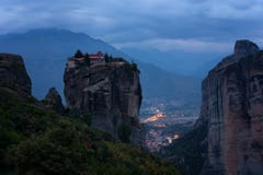 Magnificent nightscape. Monastery Holy Trinity, Meteora, Greece. UNESCO world heritage Site. Epic landscape with temple at t stock photos Magnificent nightscape. Monastery Holy Trinity, Meteora, Greece. UNESCO world heritage Site. Epic landscape with temple at t stock photos