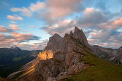 Magnificent view of Puez Odle - Geisler group at sunset. Dolomite Alps, Italy royalty free stock image Magnificent view of Puez Odle - Geisler group at sunset. Dolomite Alps, Italy royalty free stock image