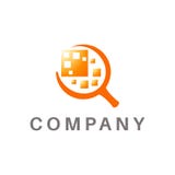Magnifying glass logo, object abstract in the center, orange color stock illustration Magnifying glass logo, object abstract in the center, orange color stock illustration