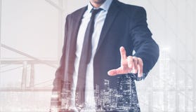 Main d'homme d'affaires touchant l'écran virtuel, concept moderne de fond d'homme d'affaires illustration stock Main d'homme d'affaires touchant l'écran virtuel, concept moderne de fond d'homme d'affaires illustration stock