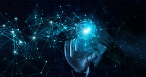 Main de robot touchant la connexion r?seau futuriste globale AI, intelligence artificielle, photographie stock Main de robot touchant la connexion r?seau futuriste globale AI, intelligence artificielle, photographie stock