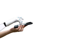 Main humaine de transition robotique d'intelligence artificielle à la presse de main de robot le bouton de smartphone images stock Main humaine de transition robotique d'intelligence artificielle à la presse de main de robot le bouton de smartphone images stock