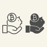 Main tenant la ligne de tirelire de bitcoin et l'icône de glyph Porcin avec la crypto illustration de vecteur de pièce de monnaie illustration libre de droits Main tenant la ligne de tirelire de bitcoin et l'icône de glyph Porcin avec la crypto illustration de vecteur de pièce de monnaie illustration libre de droits