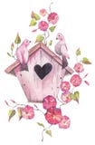 Maison d'oiseau avec des fleurs Illustration d'aquarelle illustration stock Maison d'oiseau avec des fleurs Illustration d'aquarelle illustration stock