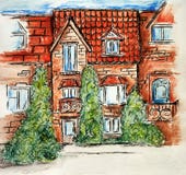 Maison multicolore de la brique de croquis de crayon d'art de conception des enfants de dessin de construction d'illustration illustration stock Maison multicolore de la brique de croquis de crayon d'art de conception des enfants de dessin de construction d'illustration illustration stock