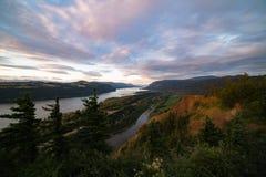 Majestic evening landscape at sunset overlooking a Columbia river gorge. royalty free stock photo Majestic evening landscape at sunset overlooking a Columbia river gorge. royalty free stock photo