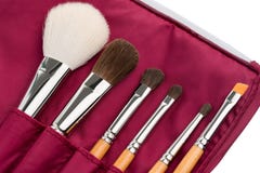 Make up brushes in a vinous case shot stock image Make up brushes in a vinous case shot stock image