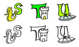 Malbuchbuchstaben des Teils 7 s t u mit Bildern auf deutsches und englisch vektor abbildung Malbuchbuchstaben des Teils 7 s t u mit Bildern auf deutsches und englisch vektor abbildung