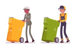 Male And Female Waste Collectors In Uniform Pushing Trash Bins Stock Photo Male And Female Waste Collectors In Uniform Pushing Trash Bins Stock Photo