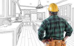 Male Contractor in Hard Hat and Tool Belt Looking At Kitchen Drawing royalty free illustration Male Contractor in Hard Hat and Tool Belt Looking At Kitchen Drawing royalty free illustration