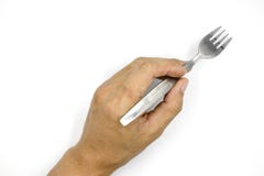 A male hand holding fork, man hand isolated on white background stock photography A male hand holding fork, man hand isolated on white background stock photography