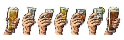 Male hand holding a glass with beer, tequila, vodka, rum, whiskey and ice cubes. Royalty Free Stock Photo Male hand holding a glass with beer, tequila, vodka, rum, whiskey and ice cubes. Royalty Free Stock Photo