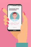 Male hand holding mobile phones with abstract dating app profile on display. Concept on online dating. Handsome young men account vector illustration Male hand holding mobile phones with abstract dating app profile on display. Concept on online dating. Handsome young men account vector illustration