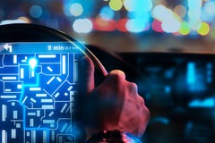 Male hands driving car with taxi interface royalty free stock photo Male hands driving car with taxi interface royalty free stock photo