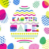 Mall för design för påskförsäljningsbaner Geometrisk bokstäver i äggform och färgrika påskägg vektor illustrationer Mall för design för påskförsäljningsbaner Geometrisk bokstäver i äggform och färgrika påskägg vektor illustrationer