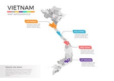 Mall för vektor för Vietnam översiktsinfographics med regioner och pekarefläckar stock illustrationer Mall för vektor för Vietnam översiktsinfographics med regioner och pekarefläckar stock illustrationer