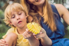 Mama i syn pinkin w parku Je zdrowe owoc mango, ananas i melon -, Dzieci jedzą zdrowego jedzenie zdjęcie stock Mama i syn pinkin w parku Je zdrowe owoc mango, ananas i melon -, Dzieci jedzą zdrowego jedzenie zdjęcie stock