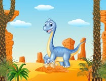 Mamã dos desenhos animados e dinossauro do bebê que choca com o fundo do deserto Fotos de Stock Mamã dos desenhos animados e dinossauro do bebê que choca com o fundo do deserto Fotos de Stock