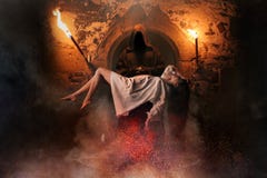 Man against woman flying over pentagram circle stock photos Man against woman flying over pentagram circle stock photos