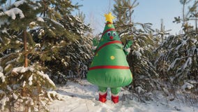 A man in a bright costume of a Christmas tree is dancing funny in a pine forest