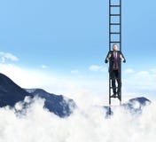 A man is climbing up the ladder. Clouds and mountain landscape. royalty free stock photos A man is climbing up the ladder. Clouds and mountain landscape. royalty free stock photos