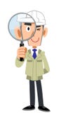 A man in a construction shop wearing a helmet and looking through a magnifying glass royalty free illustration A man in a construction shop wearing a helmet and looking through a magnifying glass royalty free illustration