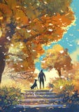 Man and Dog in Autumn Forest Path