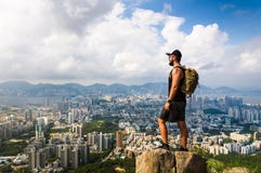 Man enjoying Hong Kong view from the Lion rock stock photos Man enjoying Hong Kong view from the Lion rock stock photos