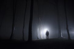 Man in forest at night with fog